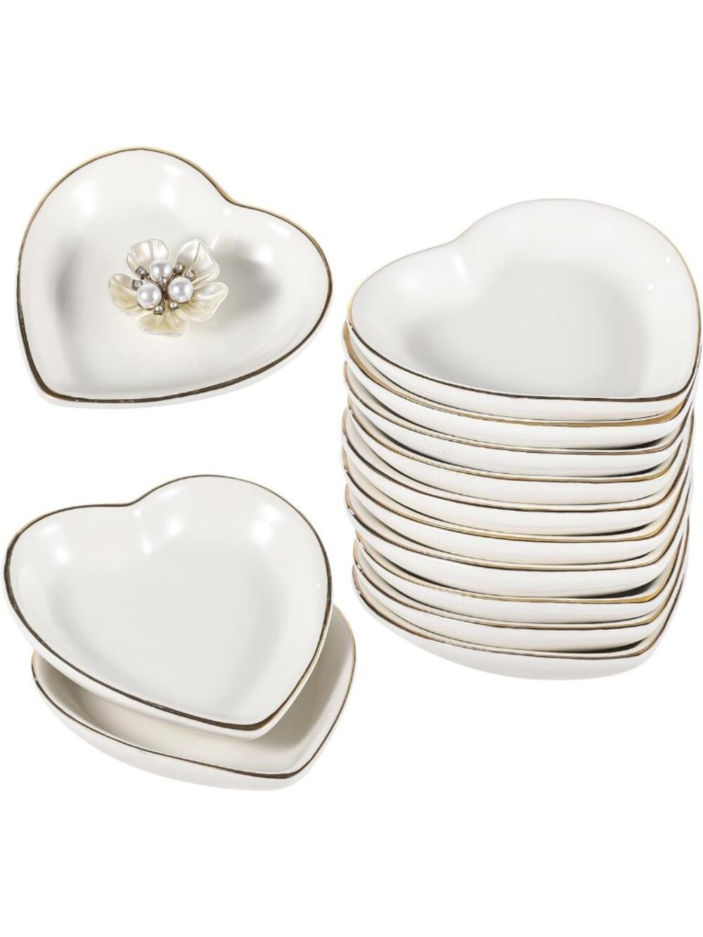 Set of 12 Heart-Shaped Ceramic Jewelry Trays with Gold Trim for Rings & Trinkets